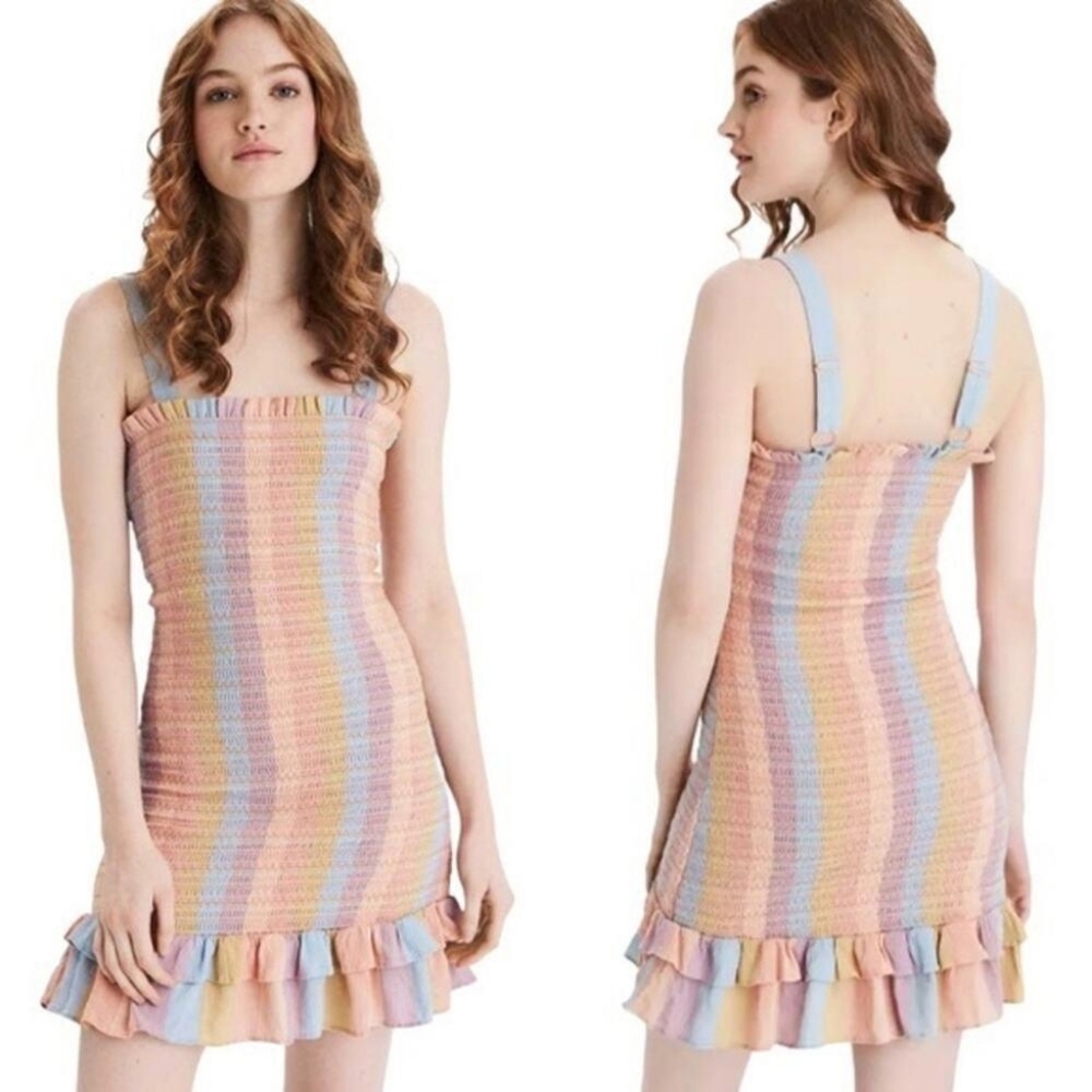AMERICAN EAGLE Pastel Rainbow Smocked Ruffle Mini Dress, size M